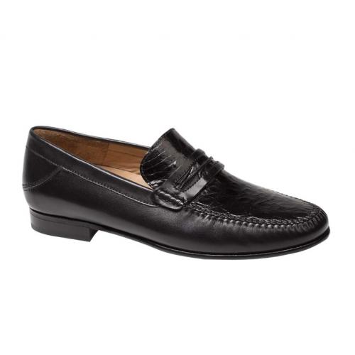 Mezlan "Kronos" Black Genuine Crocodile / Calfskin Penny Moccasin Loafer Shoes 7162-C.